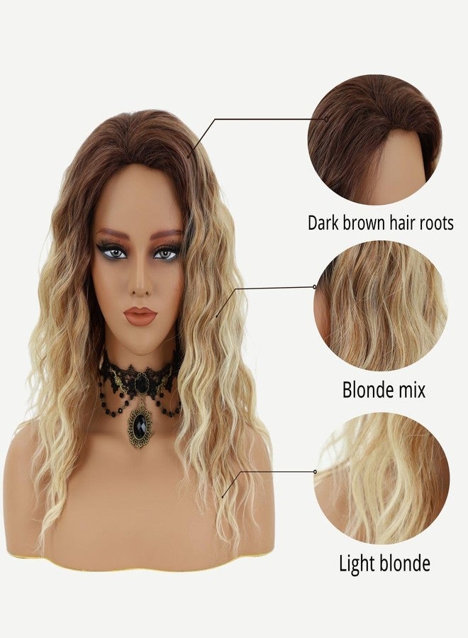Fencca Ombre Blonde Curly Wigs for Women Medium Length Synthetic Wig Afro Wave Curly Free Part Fluffy Wig 18 inch Curly Wavy Hair Replacement Wig - Image 2